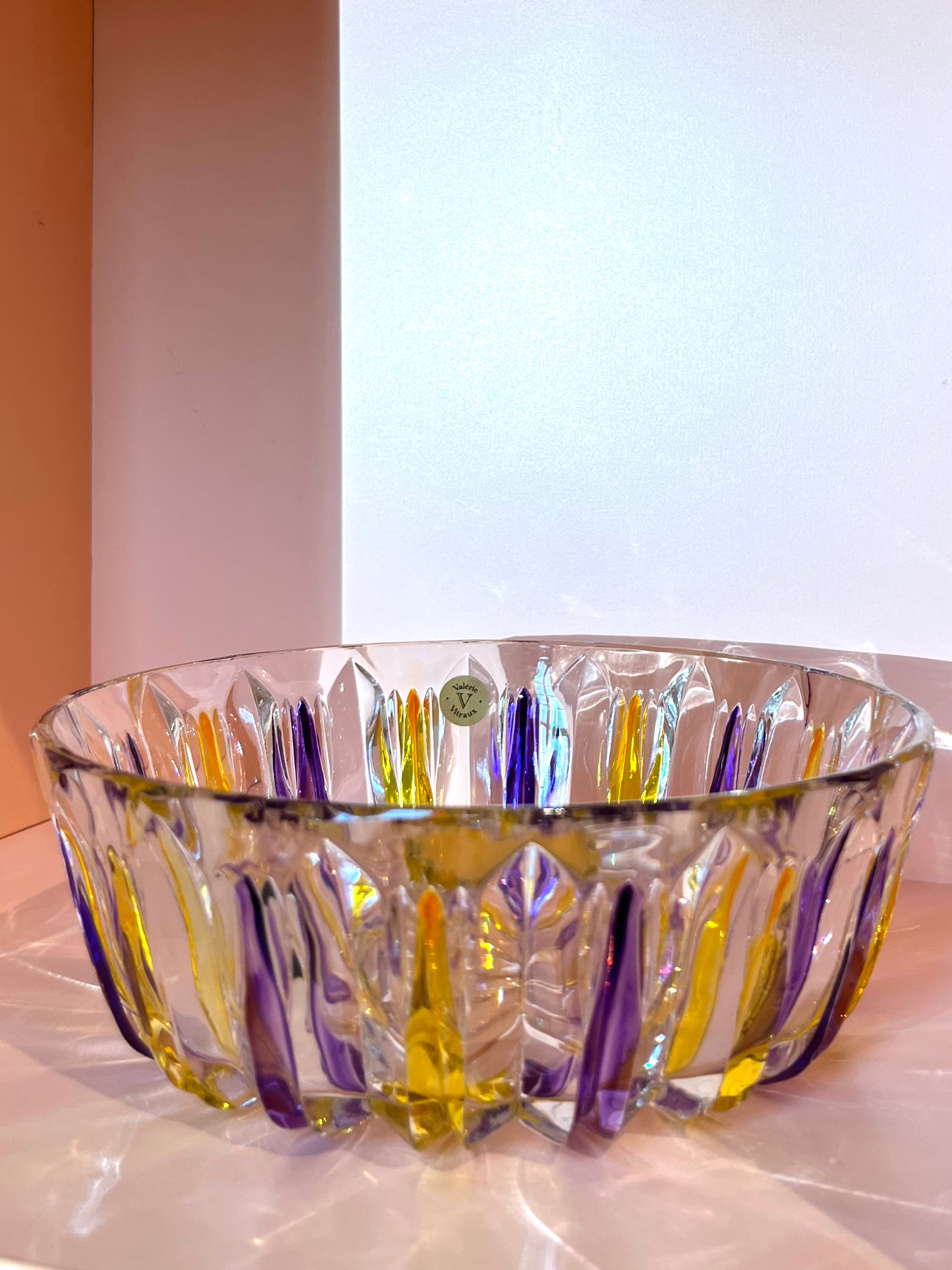 Schale / Rüschenschale / Obstschale / Plätzchenteller · geschliffen · lila gelb · 18 x 6,5 cm