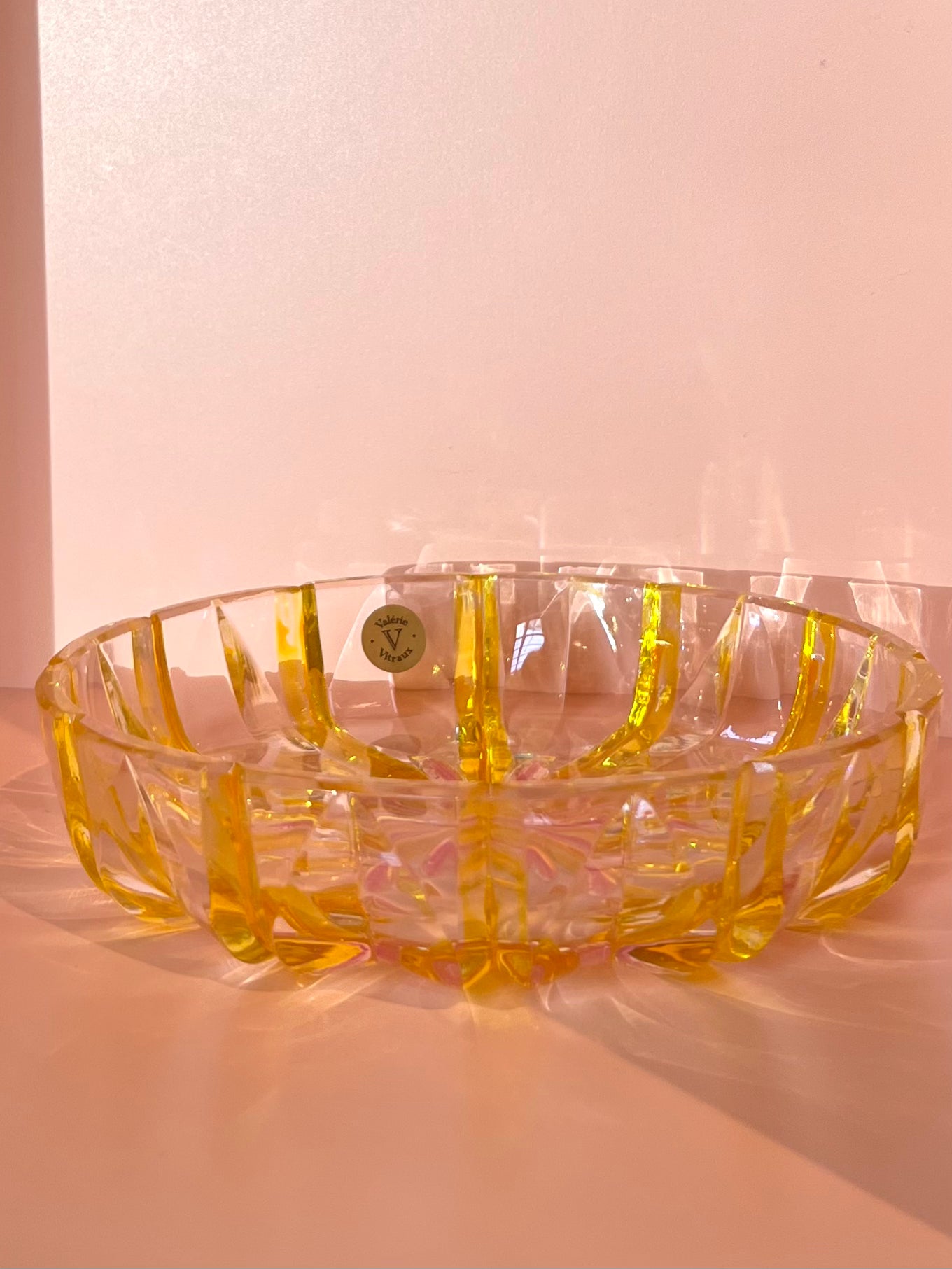 Schale / Rüschenschale / Obstschale / Plätzchenteller · geschliffen · gelb rosa · 14,5 x 3,5 cm