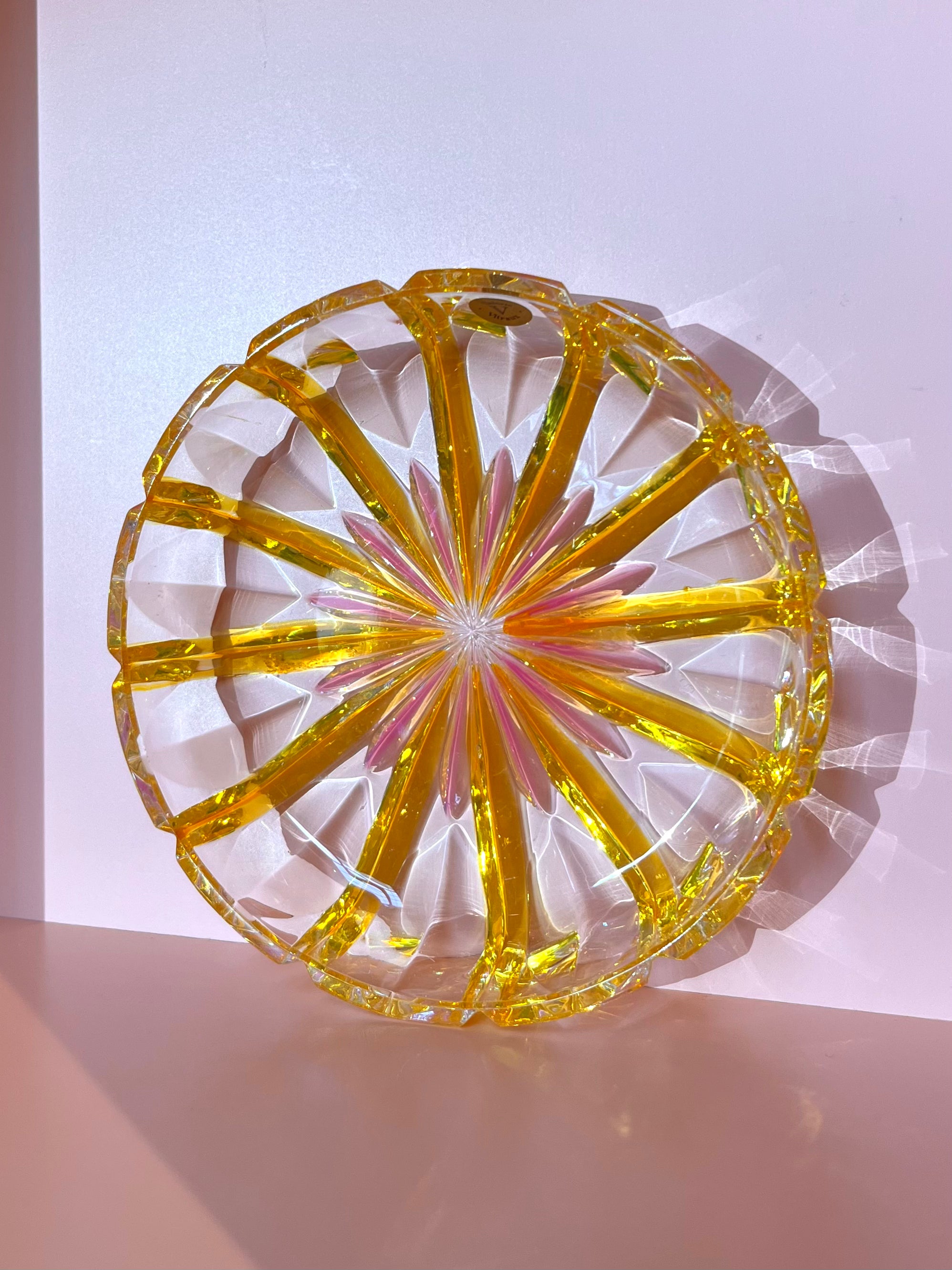 Schale / Rüschenschale / Obstschale / Plätzchenteller · geschliffen · gelb rosa · 14,5 x 3,5 cm