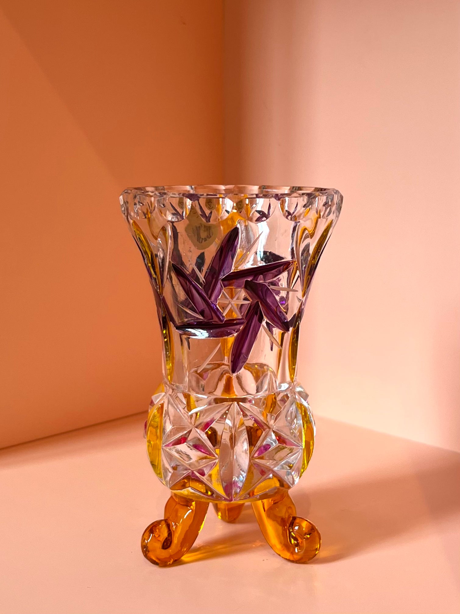 Vase / Stiftehalter · geschliffen · lila gelb rosa · 11 x 6,5 cm