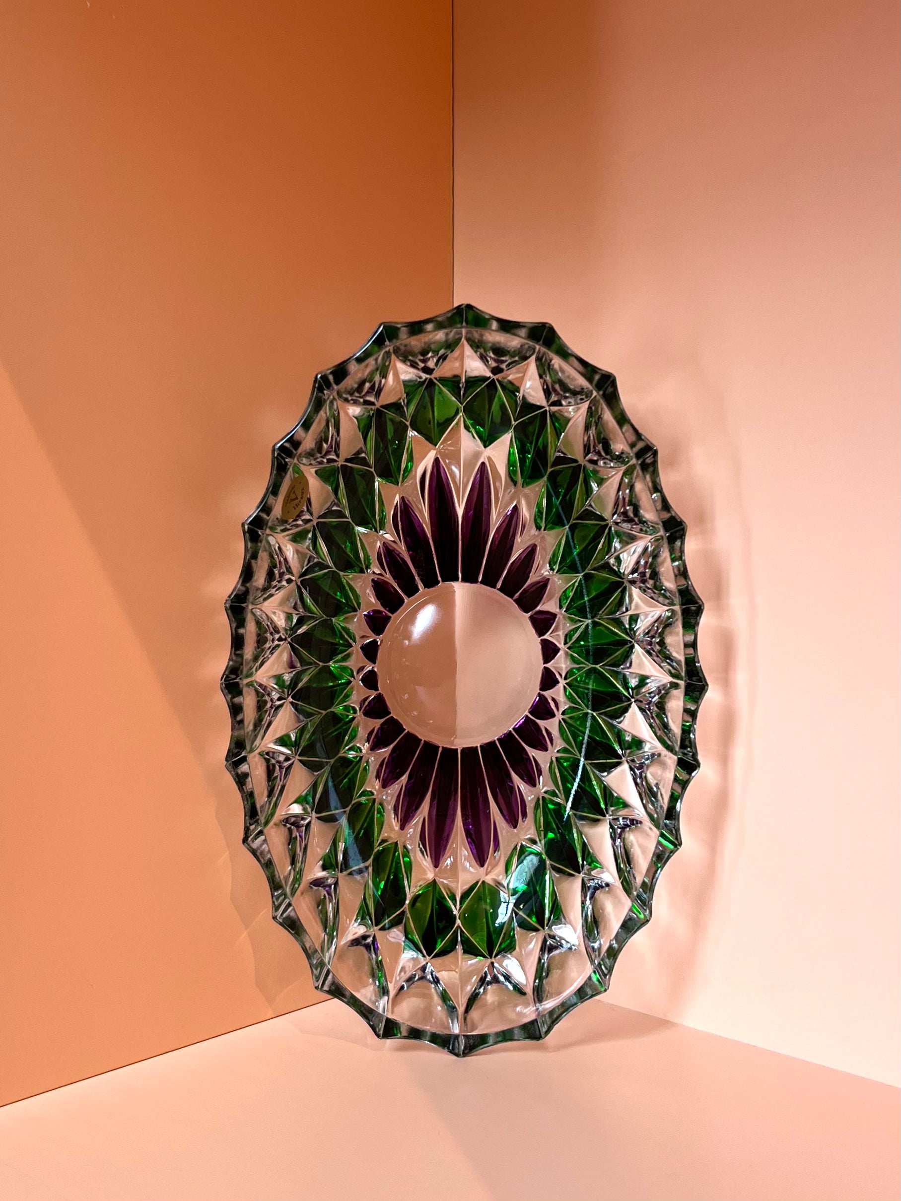 Schale / Rüschenschale / Dekoschale · oval · geschliffen · lila grün · 20 x 13 x 4,5 cm