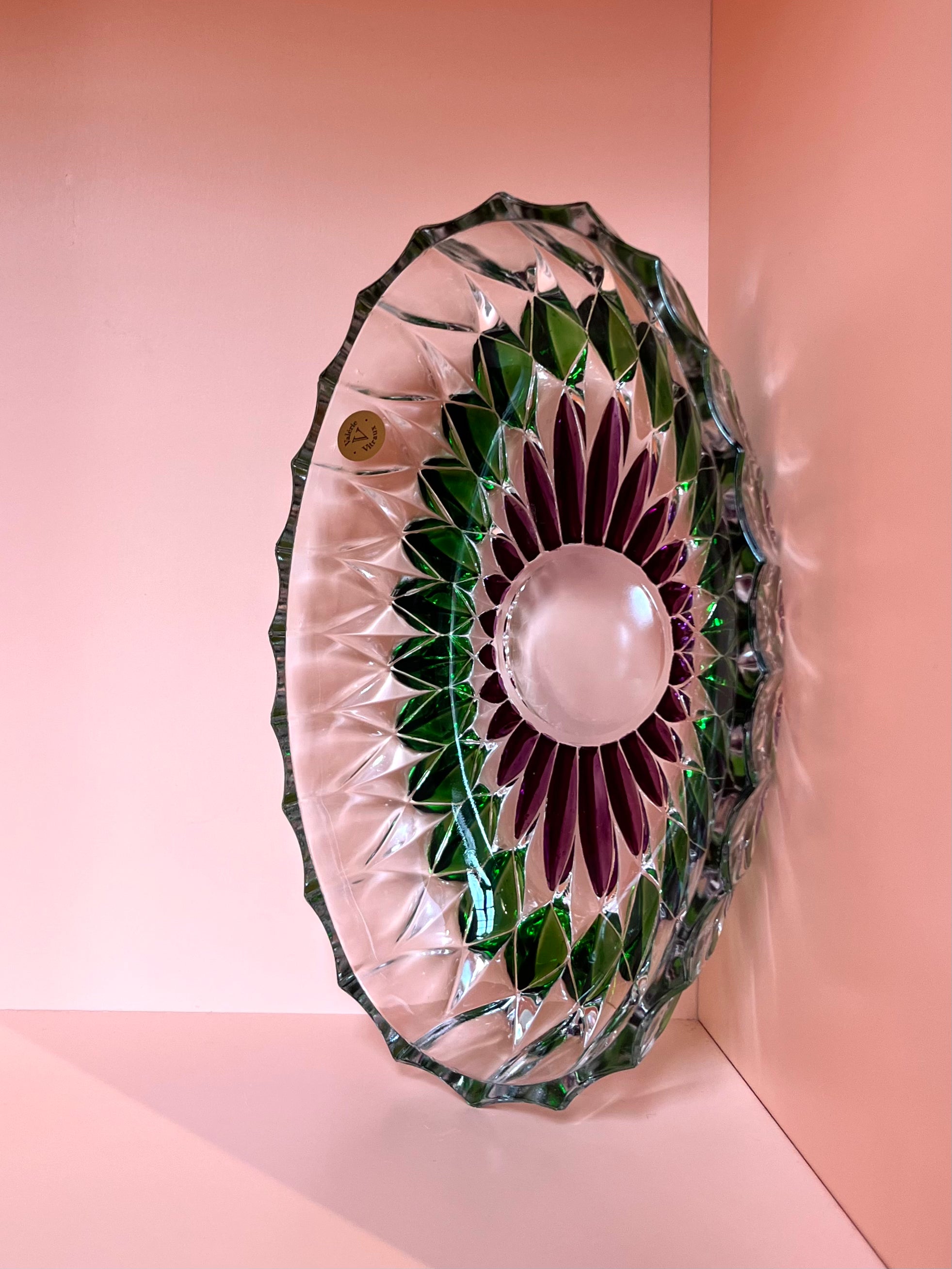 Schale / Rüschenschale / Dekoschale · oval · geschliffen · lila grün · 20 x 13 x 4,5 cm