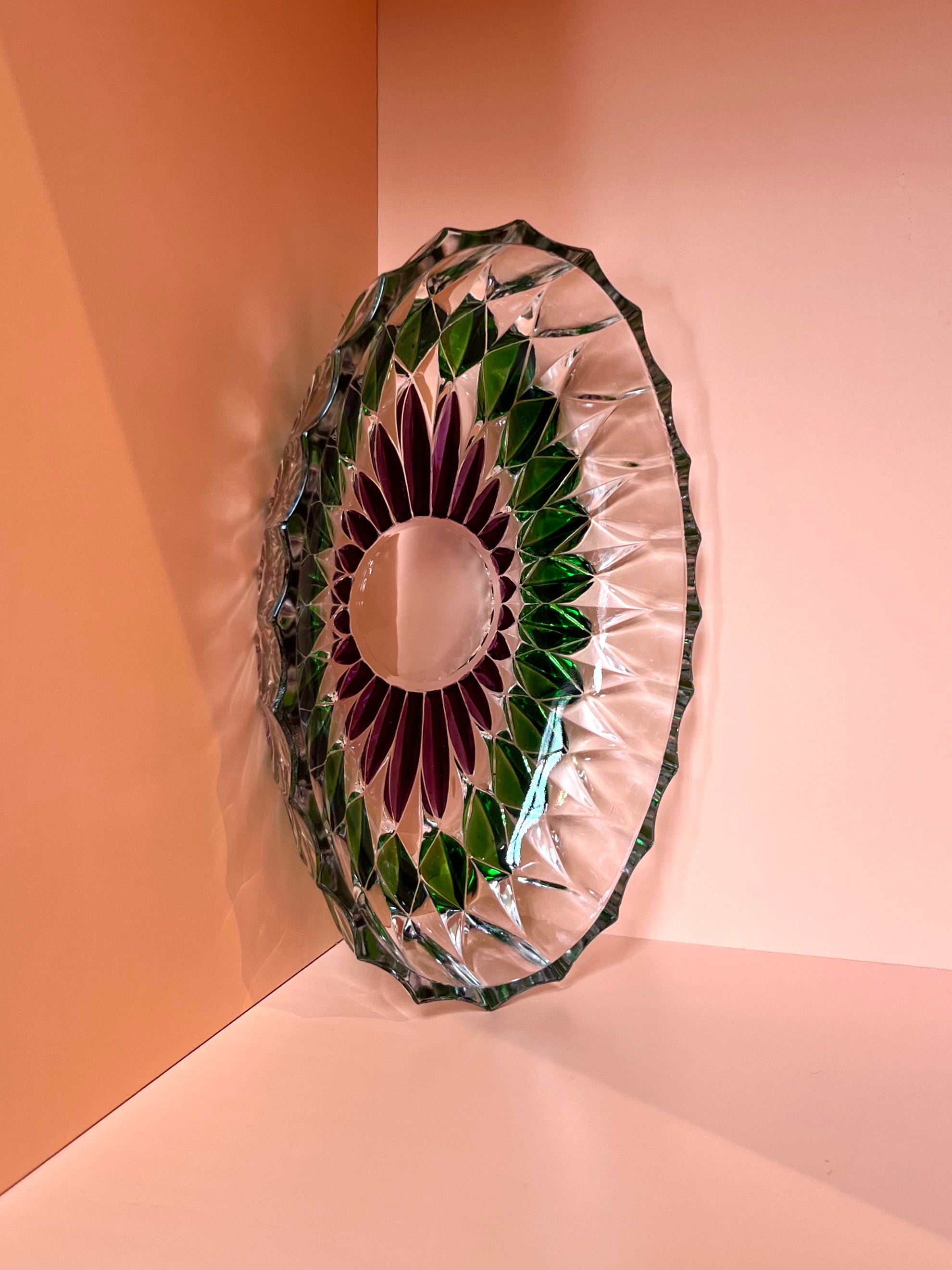 Schale / Rüschenschale / Dekoschale · oval · geschliffen · lila grün · 20 x 13 x 4,5 cm