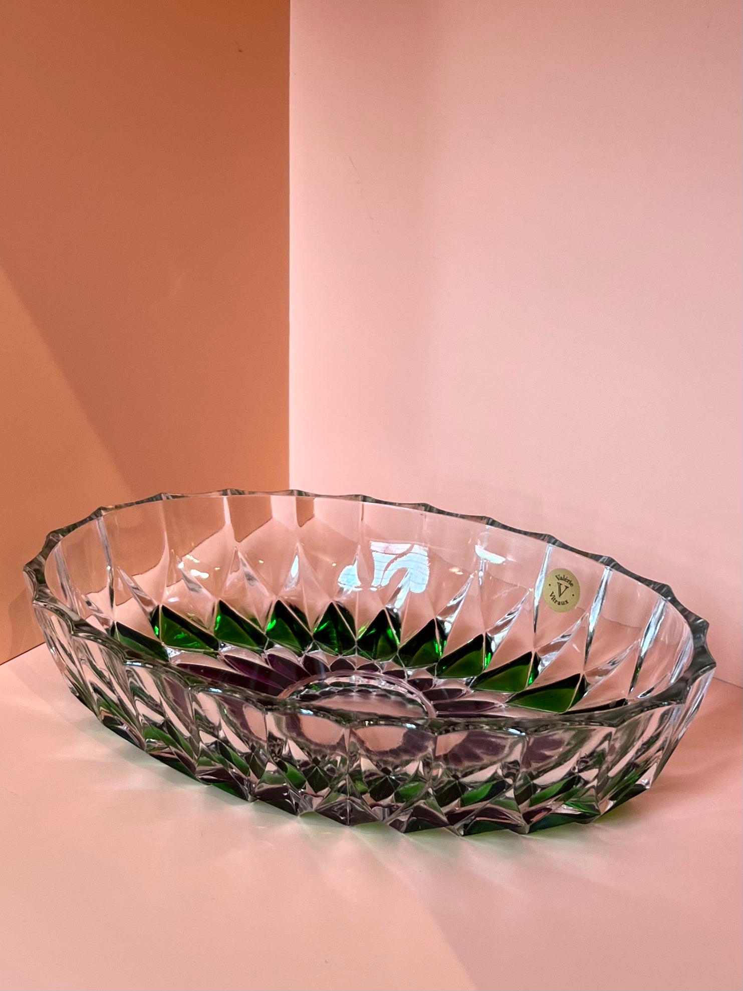 Schale / Rüschenschale / Dekoschale · oval · geschliffen · lila grün · 20 x 13 x 4,5 cm