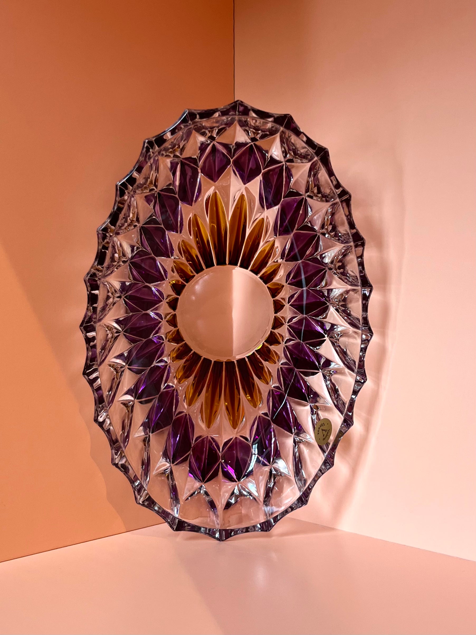 Schale / Rüschenschale / Dekoschale · oval · geschliffen · lila braun · 20 x 13 x 4,5 cm