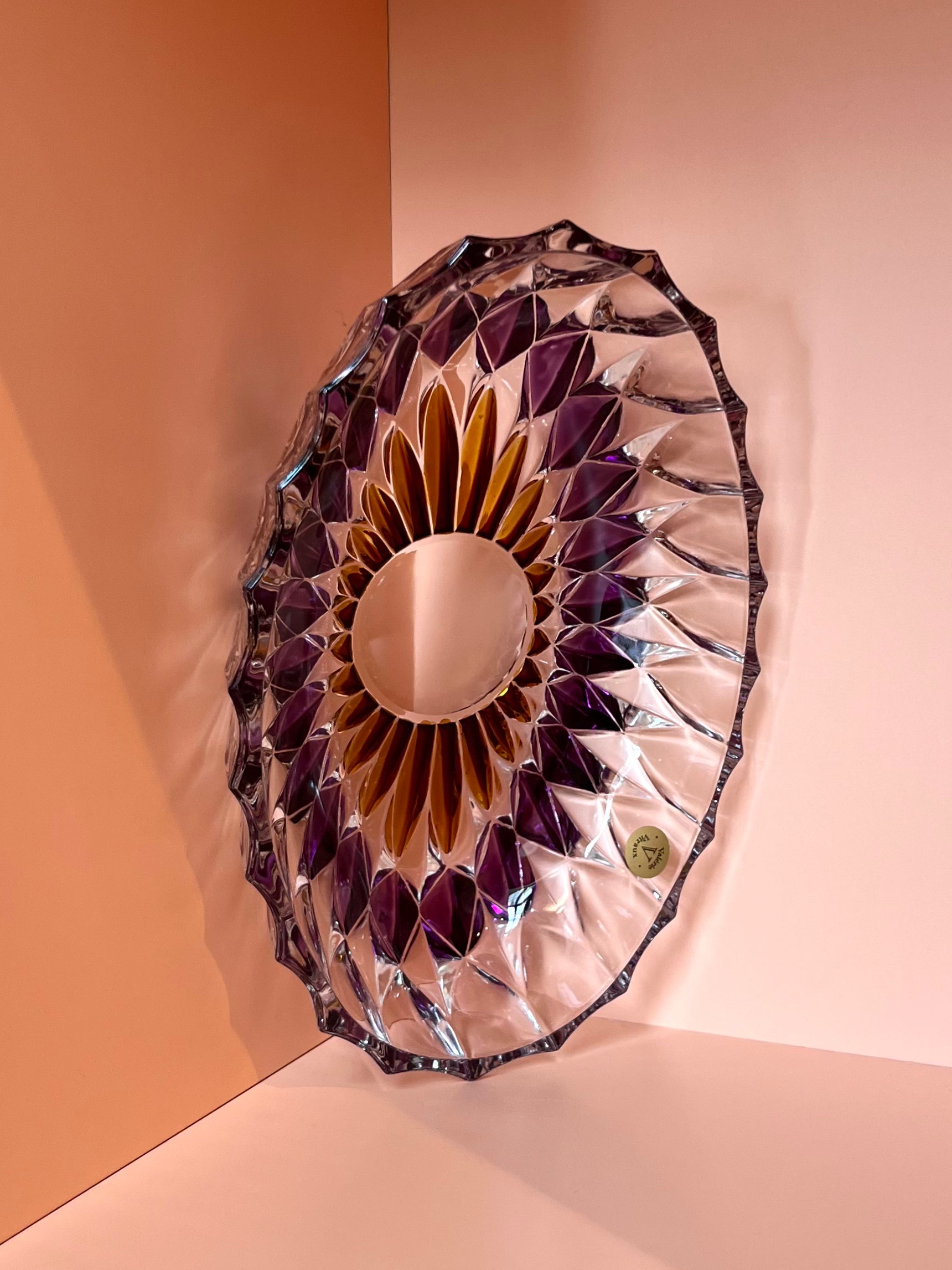 Schale / Rüschenschale / Dekoschale · oval · geschliffen · lila braun · 20 x 13 x 4,5 cm